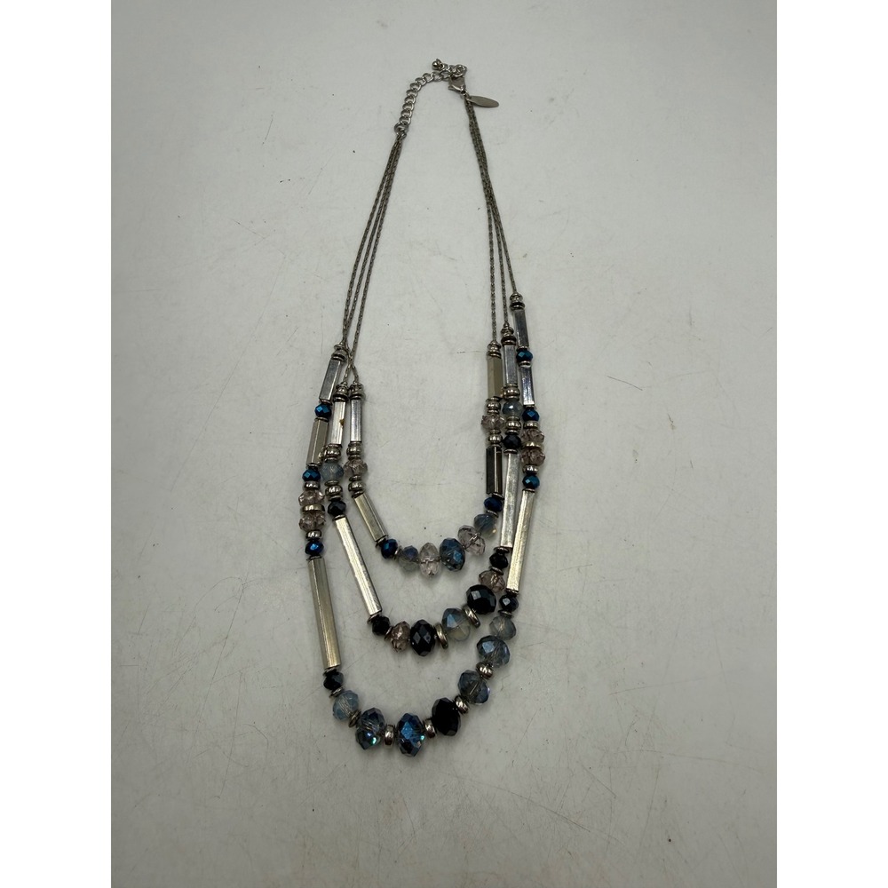 Silver Tone Multi Strand Beaded Layered Necklace Blue Grey Crystals